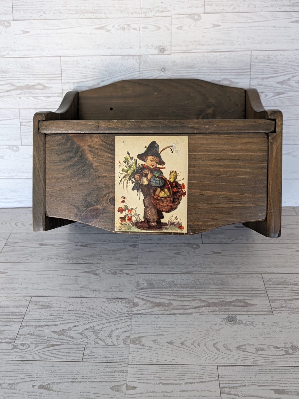 Vintage Wooden Wall Mount Paper Towel Holder Shelf - Hummel Boy Art Decoupage